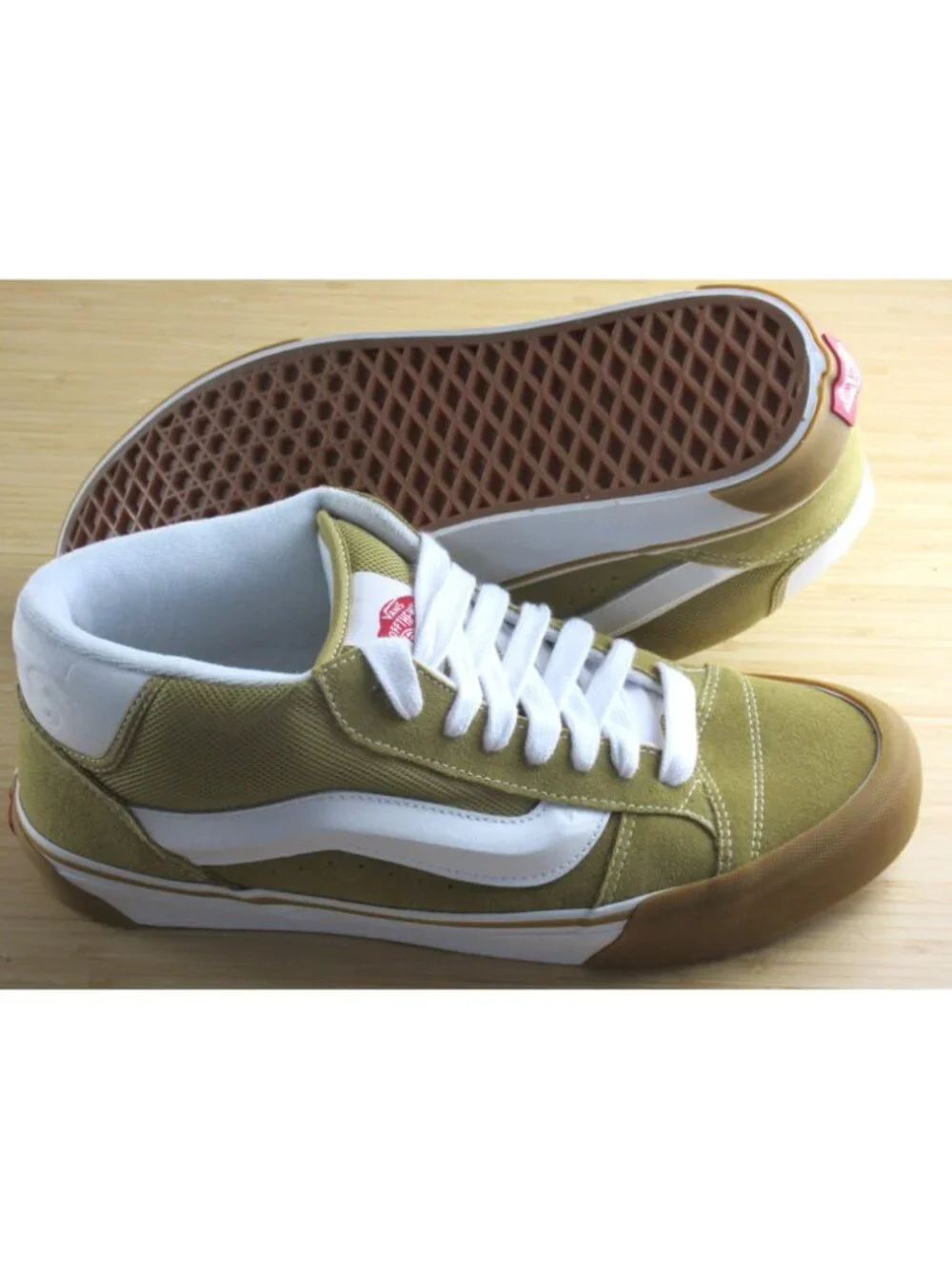 Vans Men's Knu Skool Mid Khaki Gum Bottom White Striped Skate Shoes size 11.5